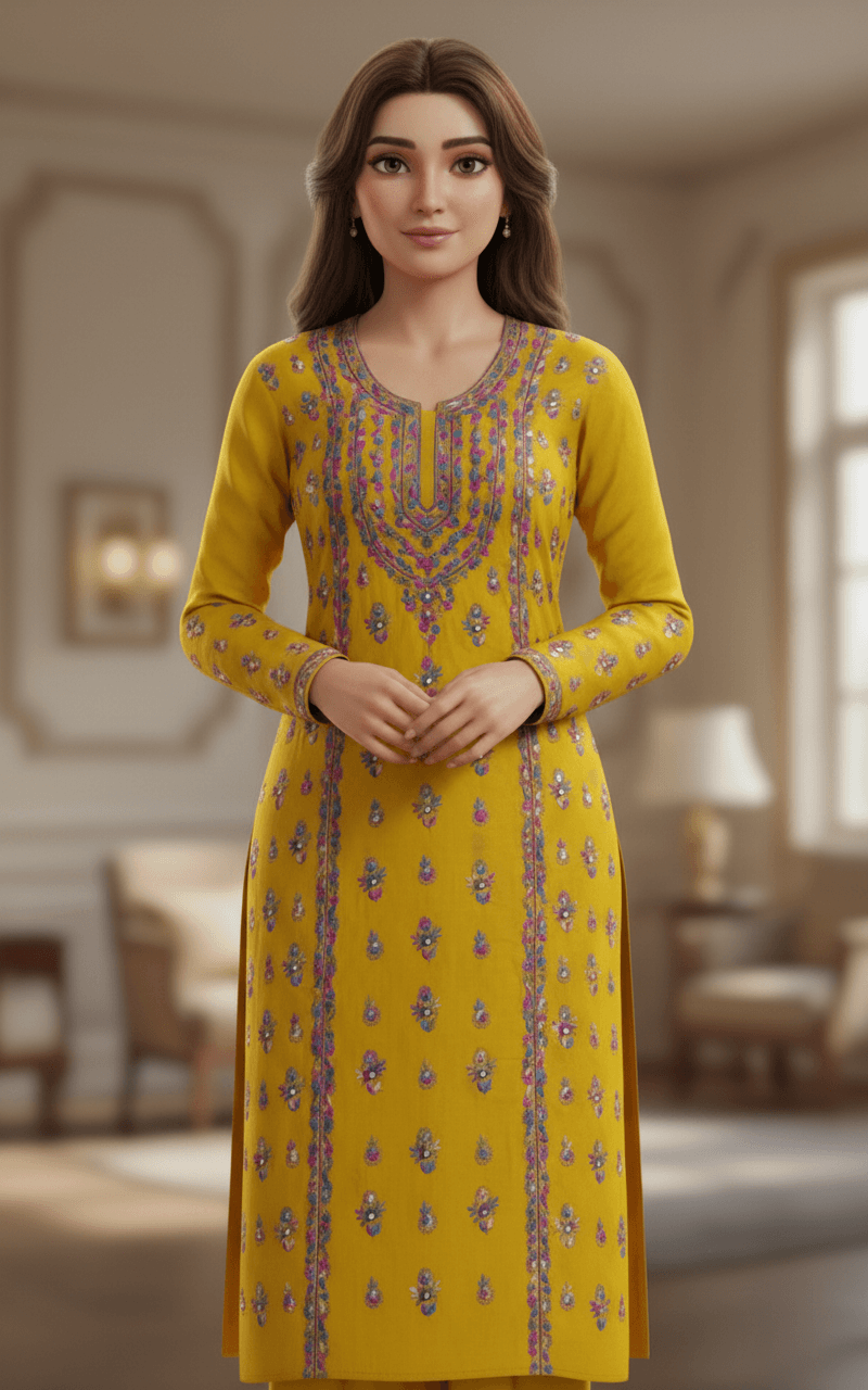 Mustard Yellow Hand-Embroidered Mirror Work Unstitched Shirt 4