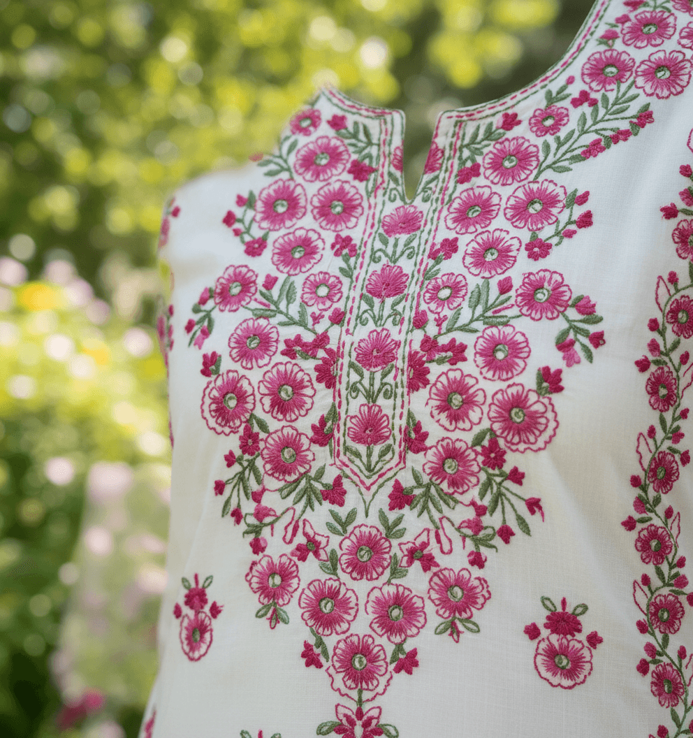 White Deep Pink Floral Embroidered Lawn Shirt – Classic Bloom Edition AR Handwork 5