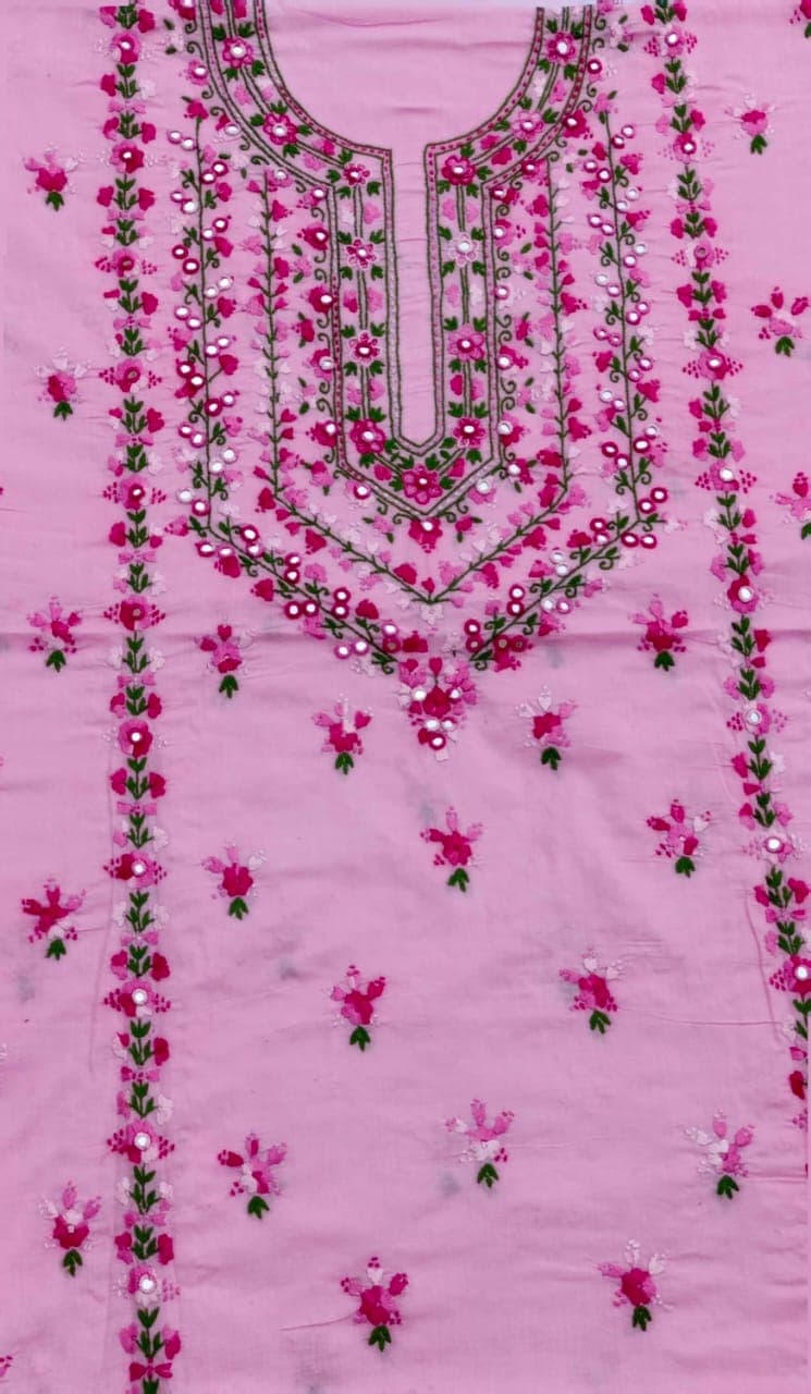 This beautiful 1-piece hand-embroidered suit is crafted on a soft pink base fabric, featuring delicate floral booti embroidery and elegant mirror work, making it a perfect choice for summer wear and festive occasions.