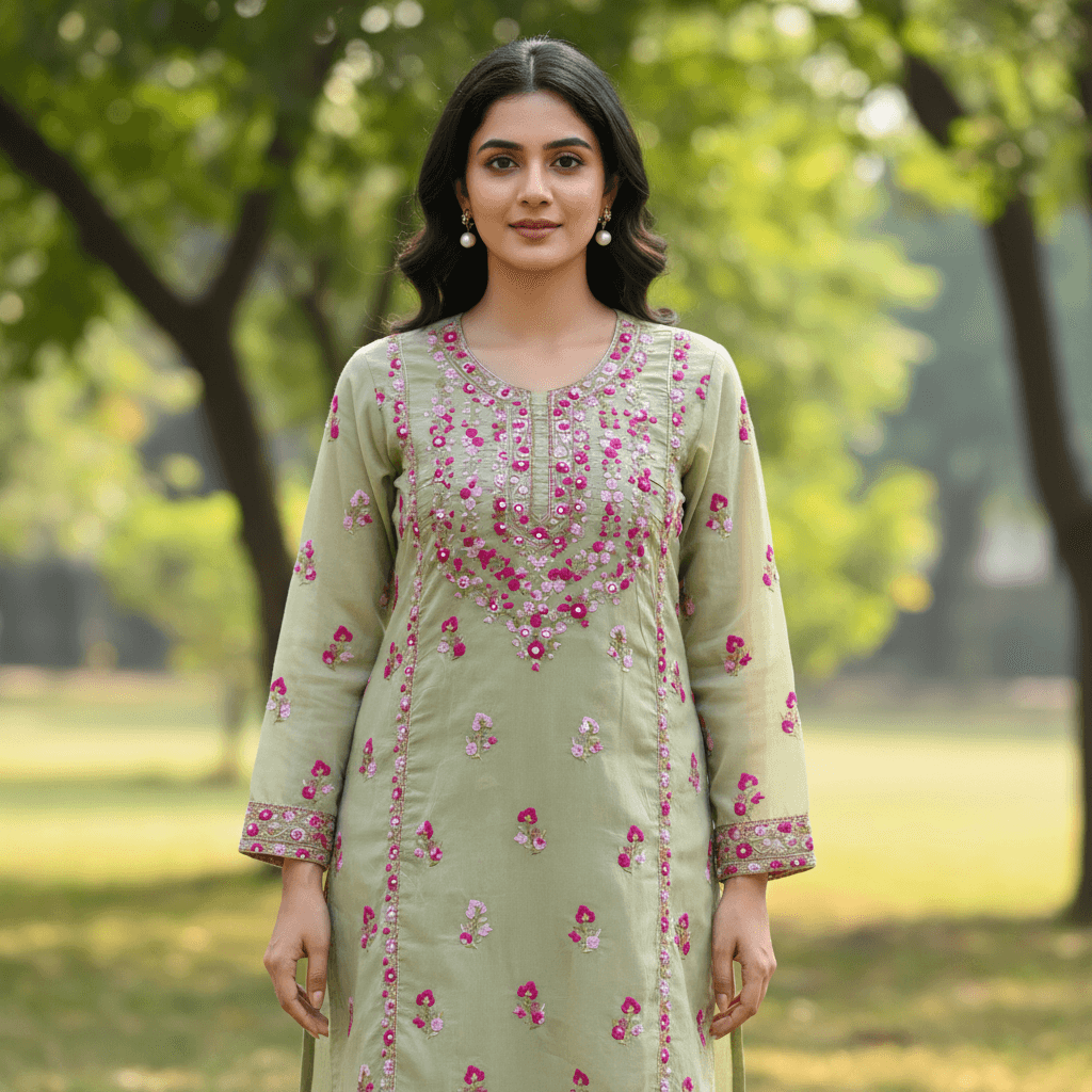 Sage Green Hand-Embroidered Floral Mirror Work Unstitched Shirt 7