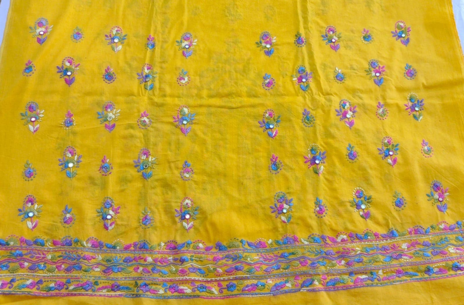 Mustard Yellow Hand-Embroidered Mirror Work Unstitched Shirt 3