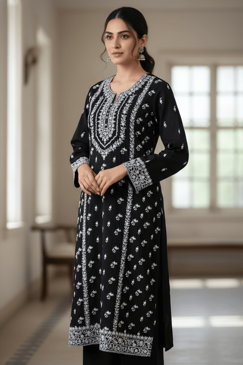 Black flower design Hand Embroidered 1pc Shirts and Duppata with Mirror Work 4