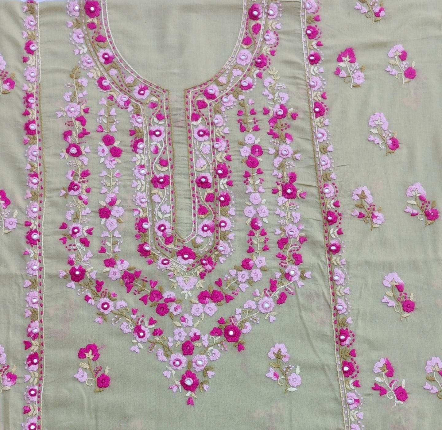 Sage Green Hand-Embroidered Floral Mirror Work Unstitched Shirt