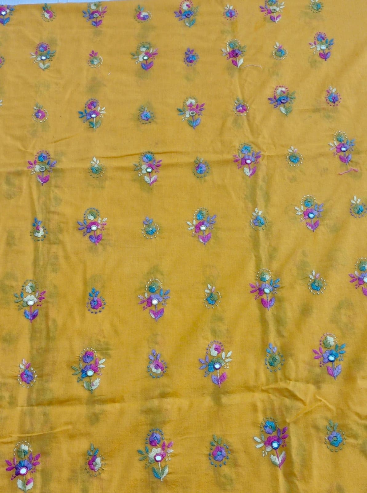 Mustard Yellow Hand-Embroidered Mirror Work Unstitched Shirt 2