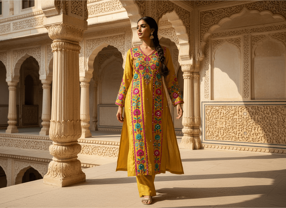 Mustard Yellow Hand-Embroidered Mirror Work Unstitched Shirt 5