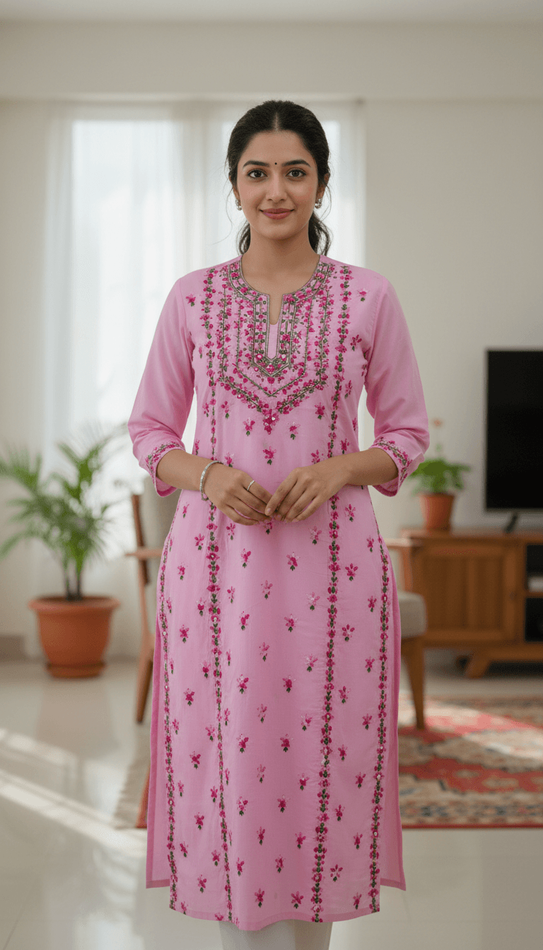 This beautiful 1-piece hand-embroidered suit is crafted on a soft pink base fabric, featuring delicate floral booti embroidery and elegant mirror work, making it a perfect choice for summer wear and festive occasions. 4