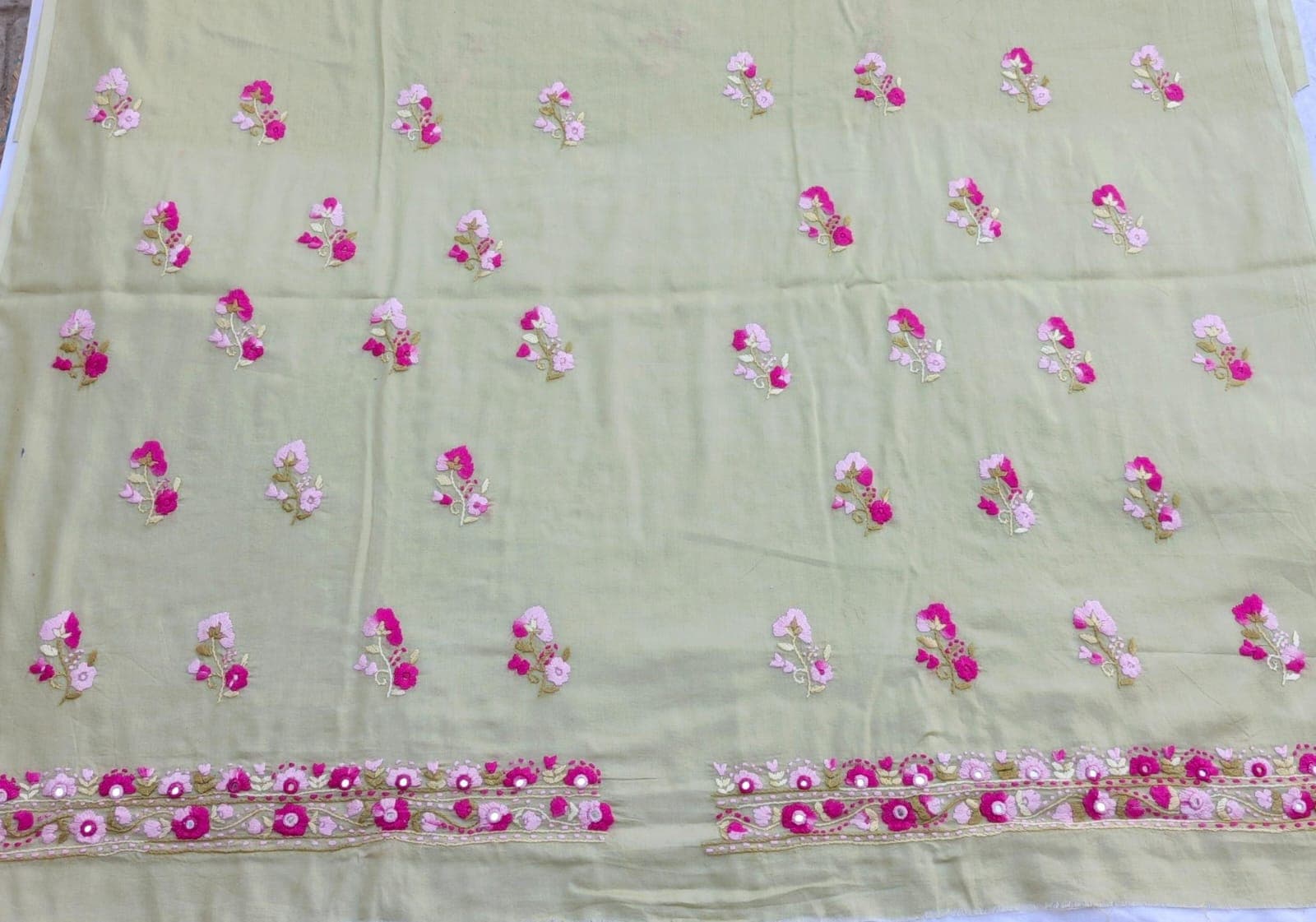 Sage Green Hand-Embroidered Floral Mirror Work Unstitched Shirt 3