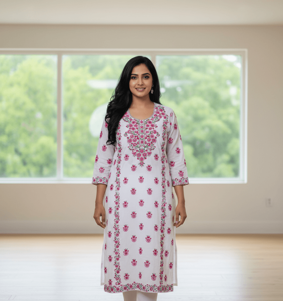 White Deep Pink Floral Embroidered Lawn Shirt – Classic Bloom Edition AR Handwork 7