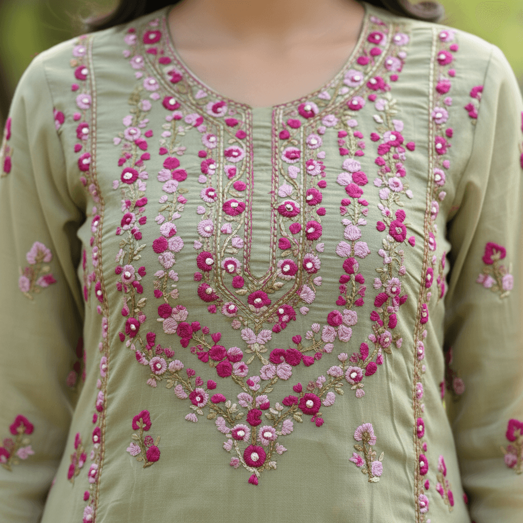 Sage Green Hand-Embroidered Floral Mirror Work Unstitched Shirt 4