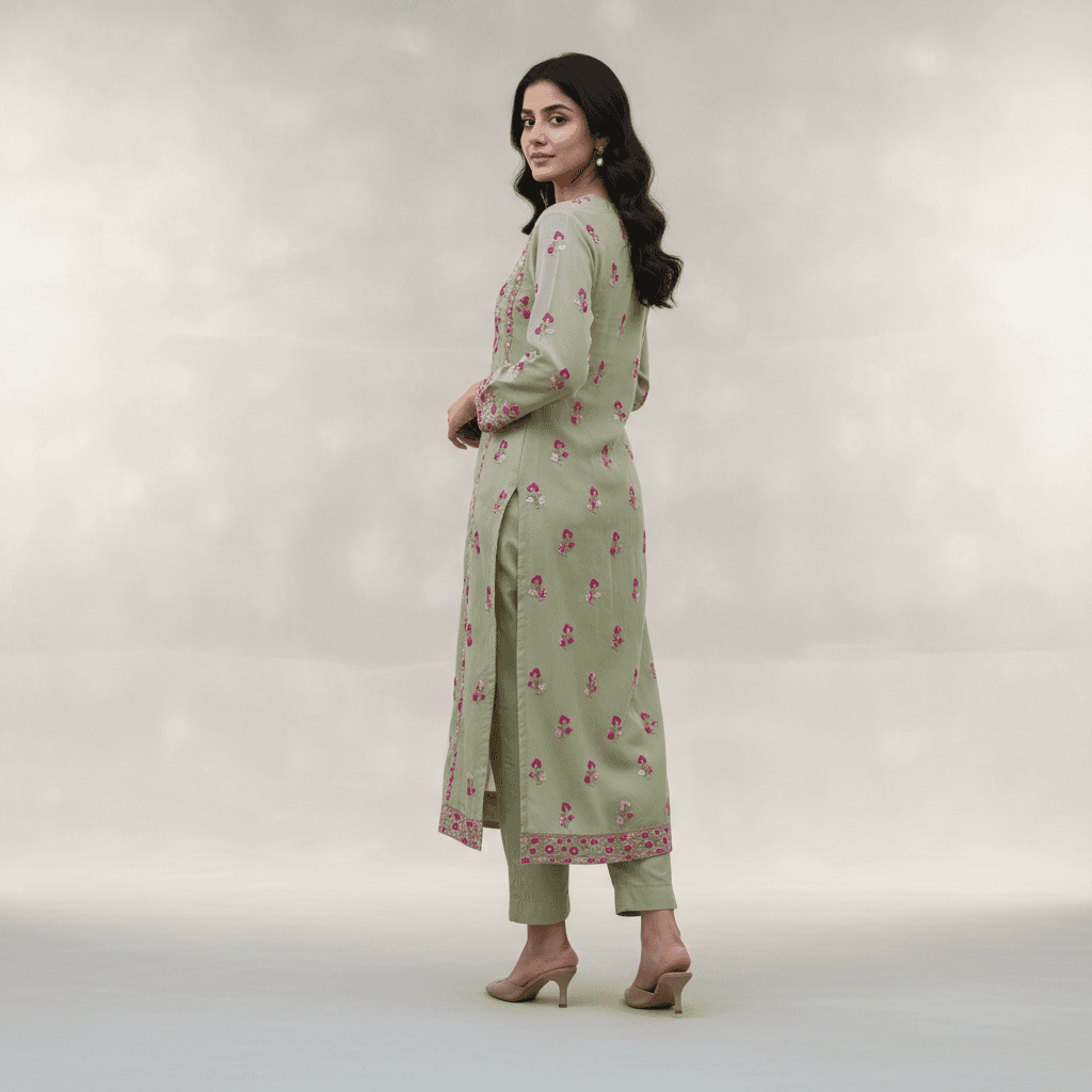 Sage Green Hand-Embroidered Floral Mirror Work Unstitched Shirt 6