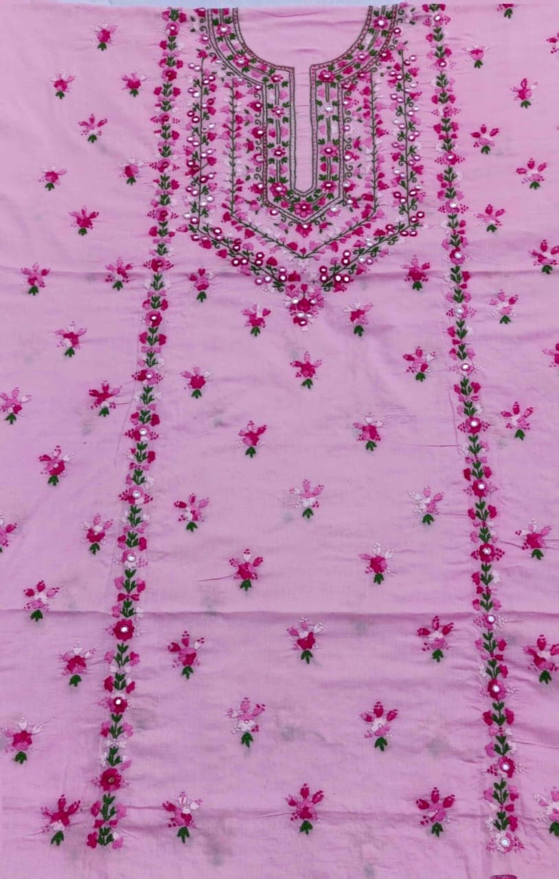 This beautiful 1-piece hand-embroidered suit is crafted on a soft pink base fabric, featuring delicate floral booti embroidery and elegant mirror work, making it a perfect choice for summer wear and festive occasions. 2