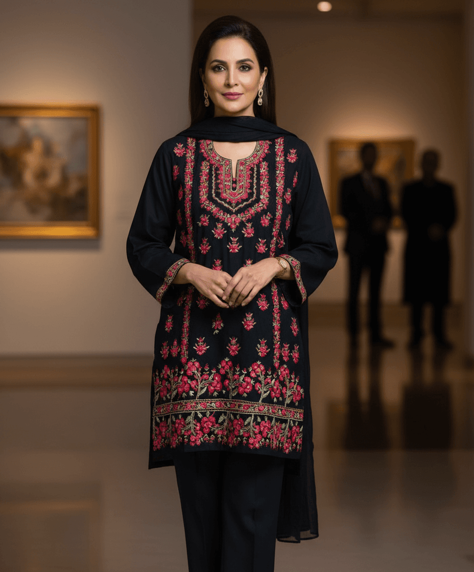 Premium Hand-Embroidered 1pc Unstitched Black Suite 3